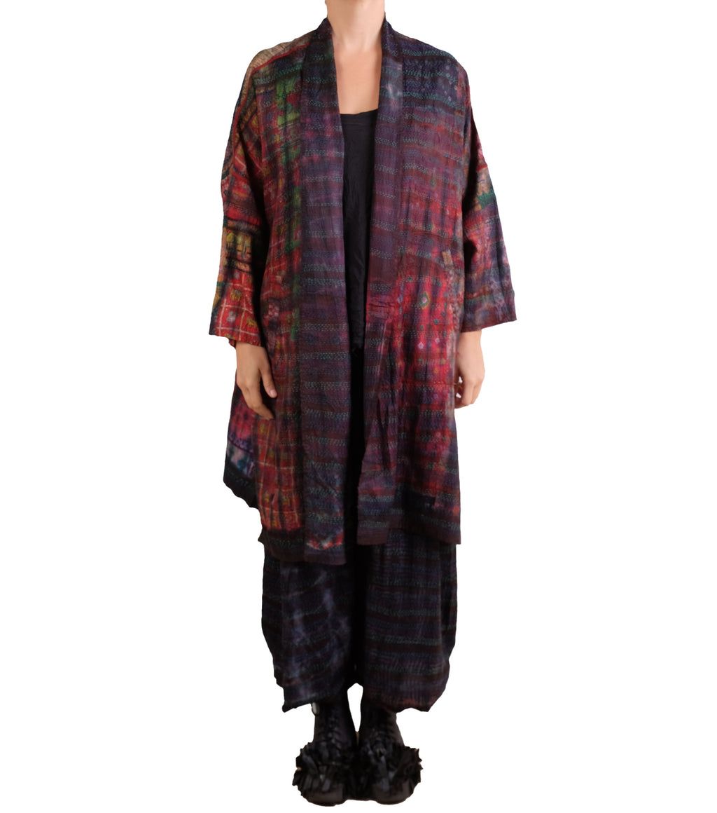 Mieko Mintz Tie Dye Vintage Silk Kantha New Kimono Long Wrap in Maroon