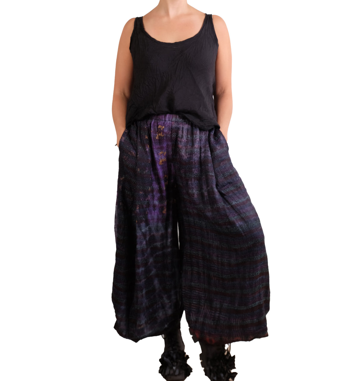 Mieko Mintz Tie Dye Vintage Silk Kantha Wide Leg Lantern Pant in Maroon