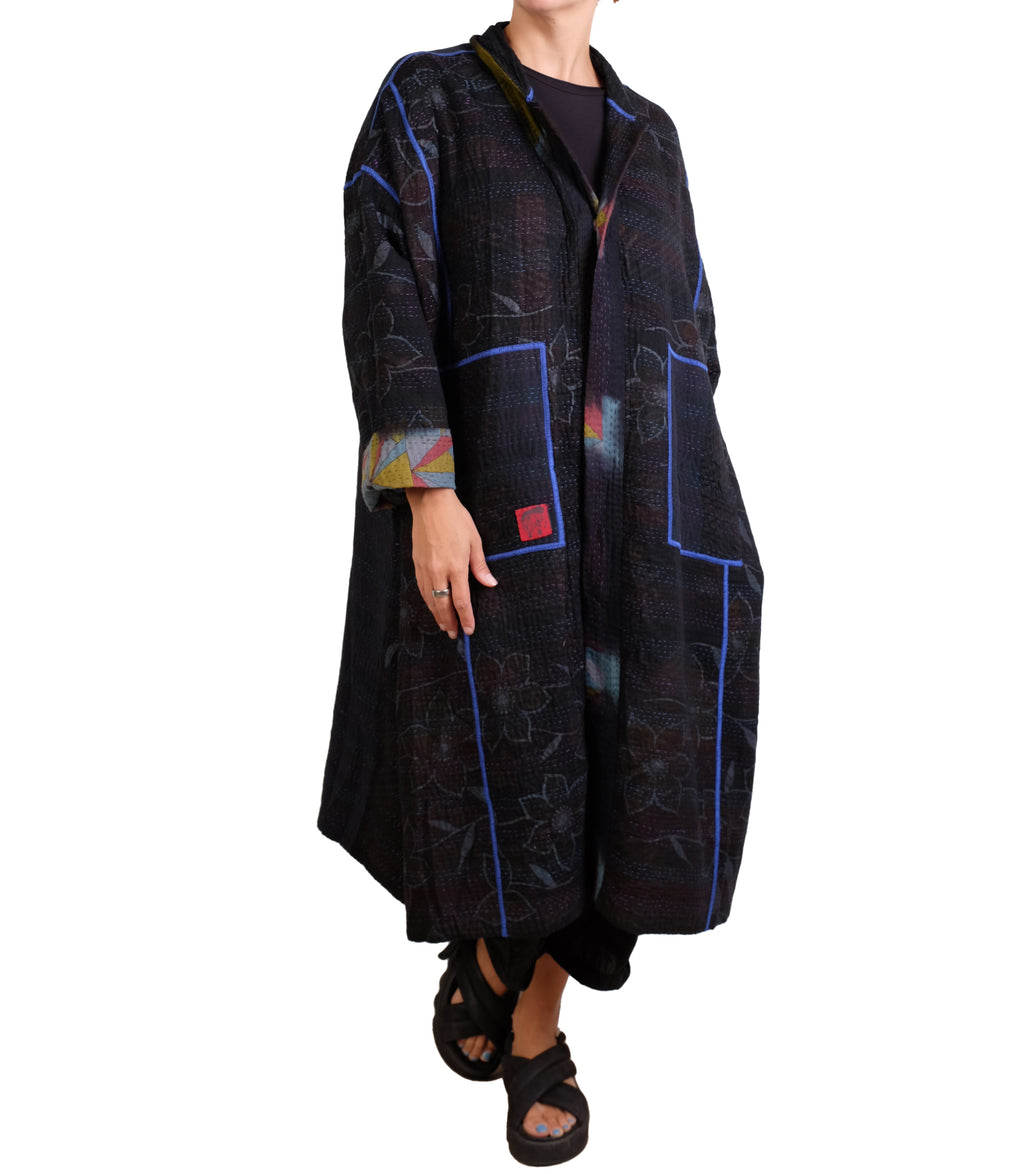Mieko Mintz Vintage Cotton Grey Clamp Tie Dye Kantha New Oversized Coat