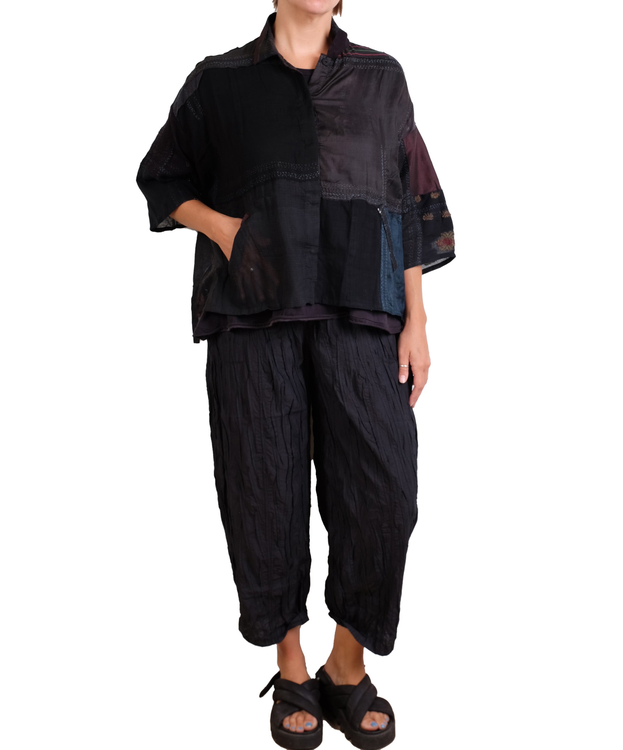 Mieko Mintz Mosaic Tile Patch Kantha Cropped Tent Shirt