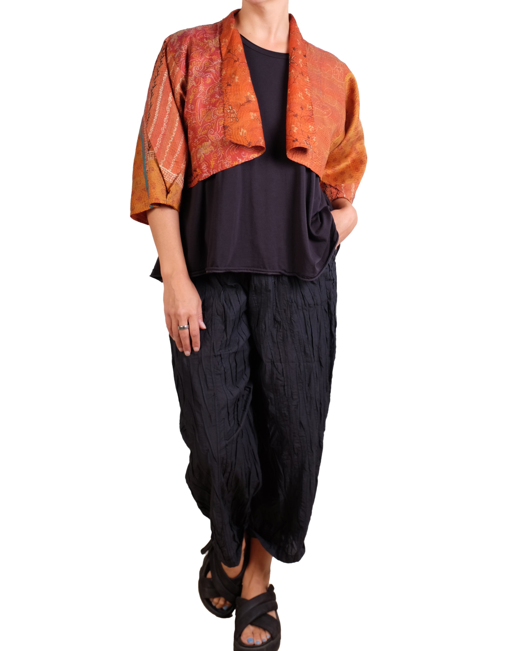 Mieko Mintz Vintage Silk Kantha Puff Sleeve Shrug in Oranges