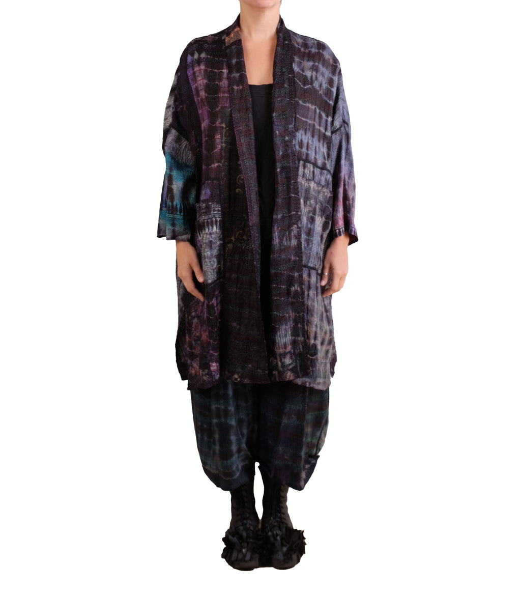 Mieko Mintz Tie Dye Vintage Silk Kantha New Kimono Long Wrap in Black