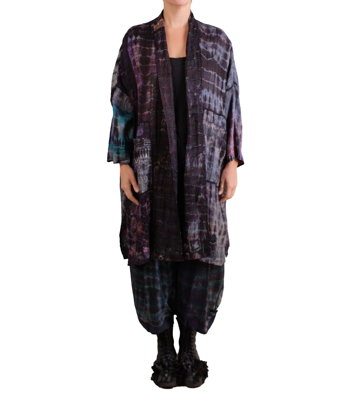 Mieko Mintz Tie Dye Vintage Silk Kantha New Kimono Long Wrap in Black