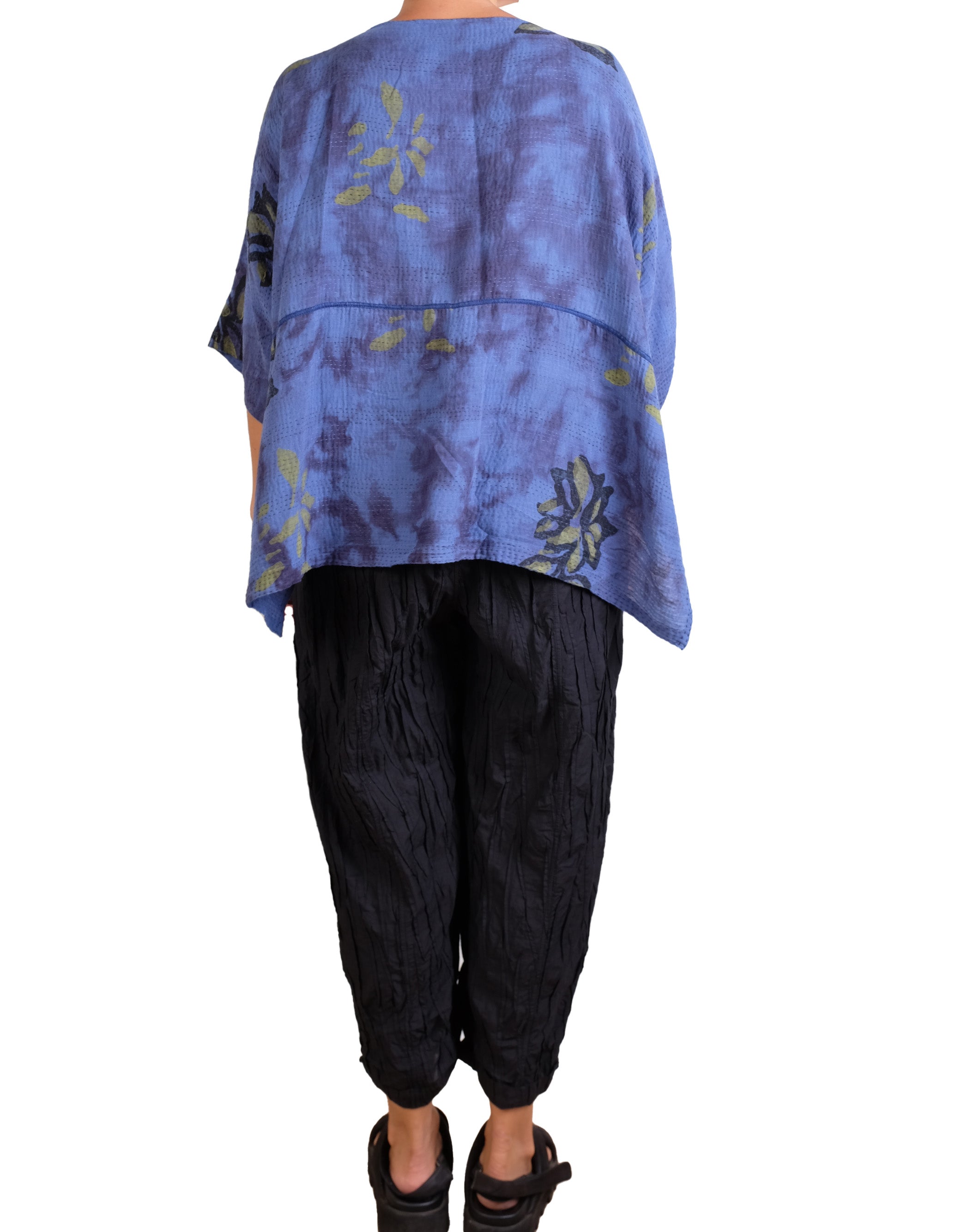 Mieko Mintz Cloud Tie Dye Floral Kantha Cropped Boat Neck Dolman Top