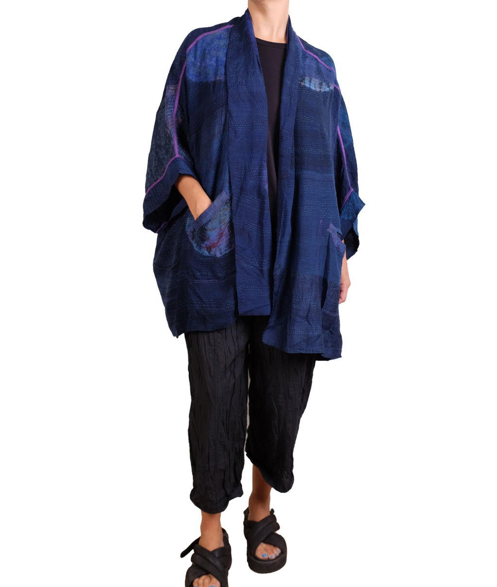 Mieko Mintz Navy Shibori Tie Dye Georgette Vintage Silk Patch Kantha Double Collar Poncho