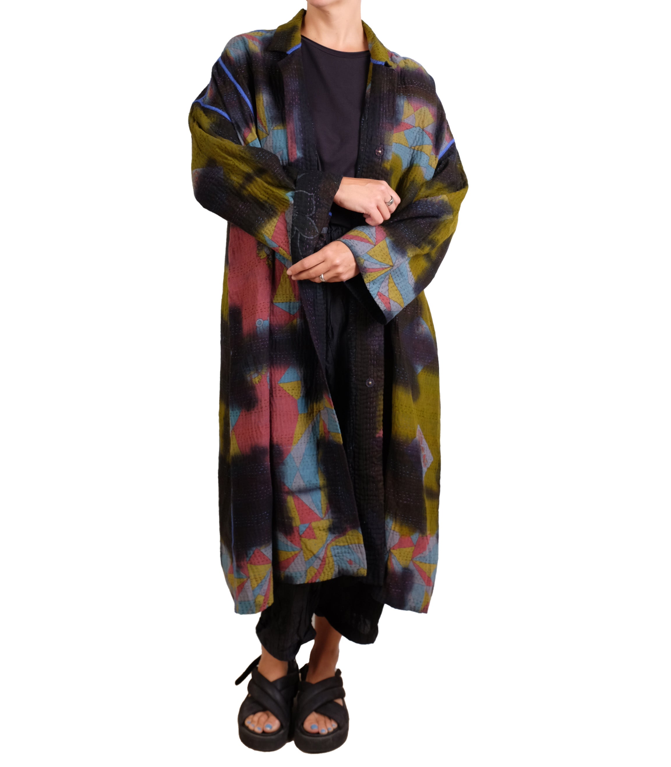 Mieko Mintz Vintage Cotton Grey Clamp Tie Dye Kantha New Oversized Coat