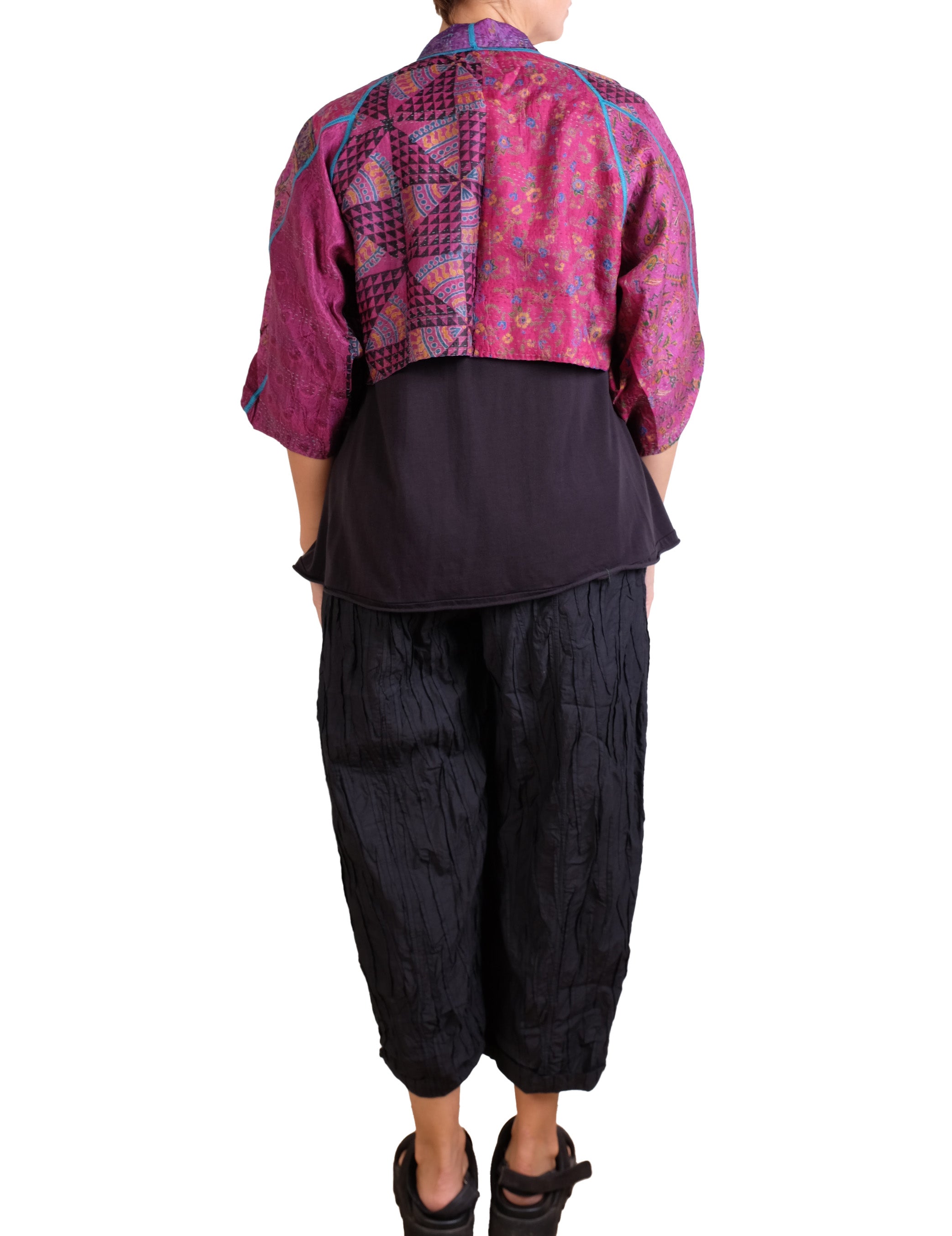 Mieko Mintz Vintage Silk Kantha Puff Sleeve Shrug in Pinks/Purples