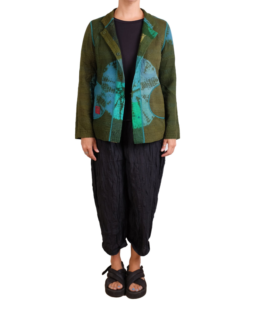 Mieko Mintz Olive Shibori Tie Dye Cotton Silk Patch Kantha Simple Jacket
