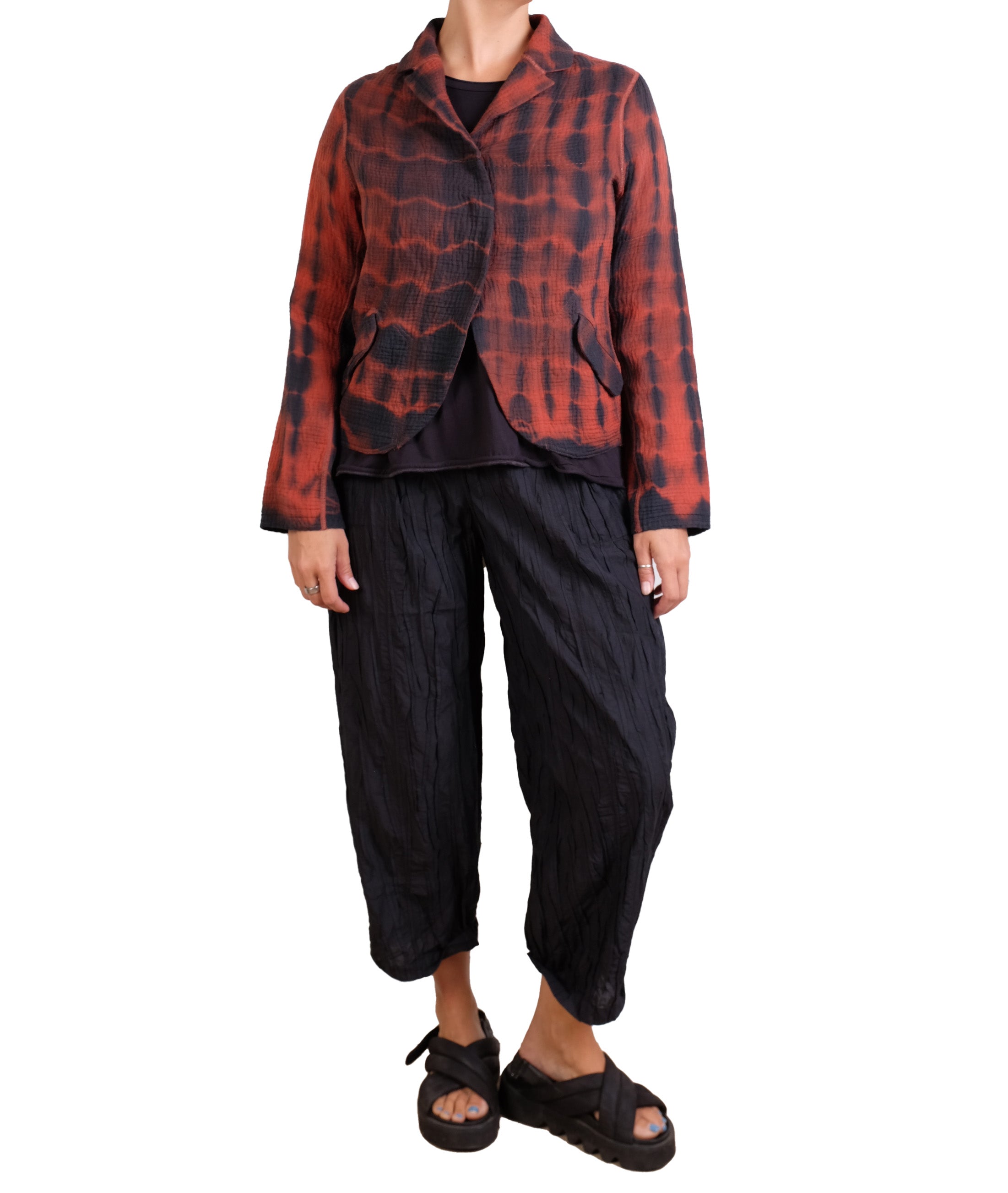 Mieko Mintz Shibori Tie Dye Kantha Cropped Basic Jacket in Burnt Orange