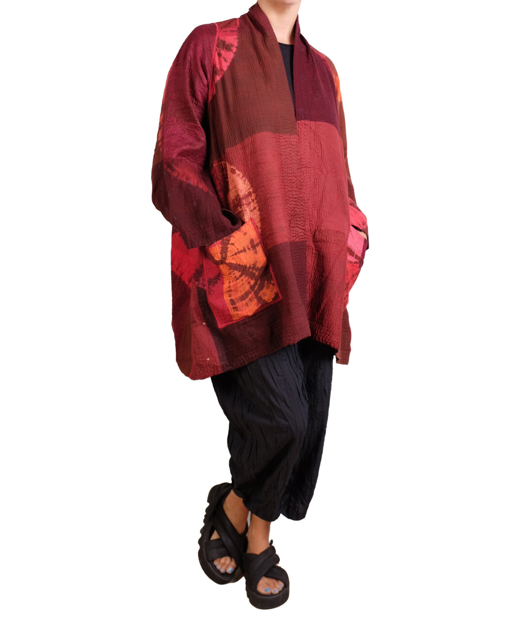 Mieko Mintz Circle Shibori Tie Dye Woven Patch Kantha A-line Jacket