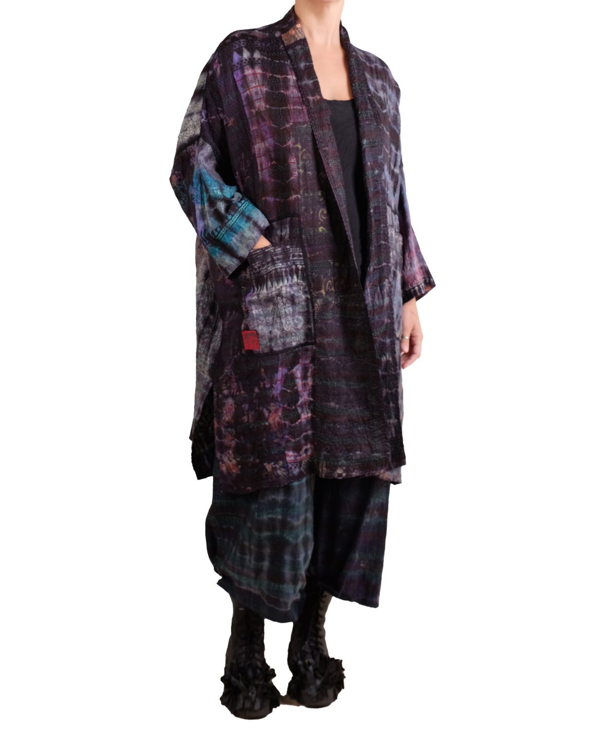Mieko Mintz Tie Dye Vintage Silk Kantha New Kimono Long Wrap in Black