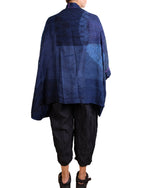 Mieko Mintz Navy Shibori Tie Dye Georgette Vintage Silk Patch Kantha Double Collar Poncho