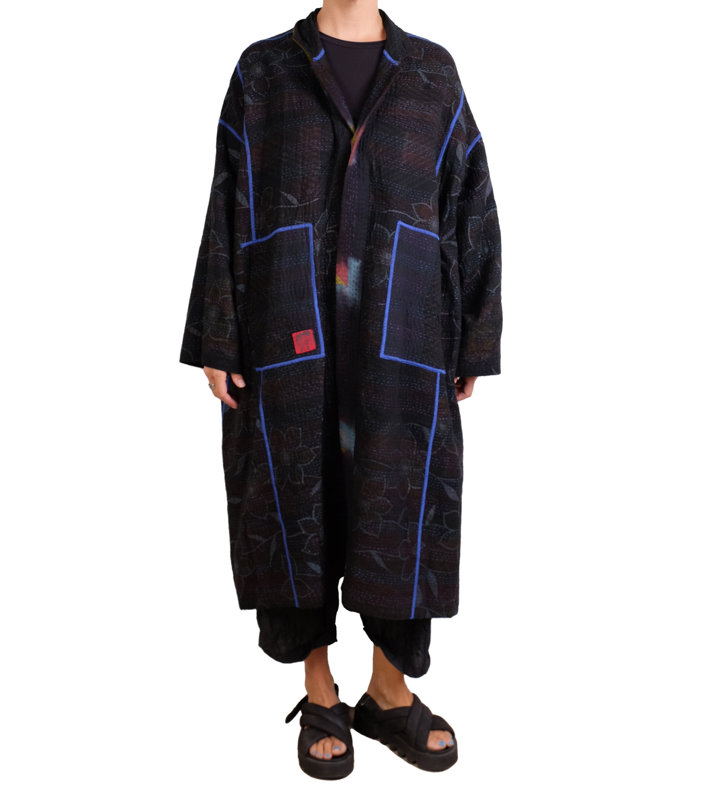 Mieko Mintz Vintage Cotton Grey Clamp Tie Dye Kantha New Oversized Coat