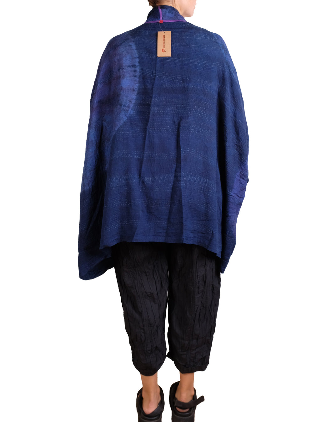 Mieko Mintz Navy Shibori Tie Dye Georgette Vintage Silk Patch Kantha Double Collar Poncho