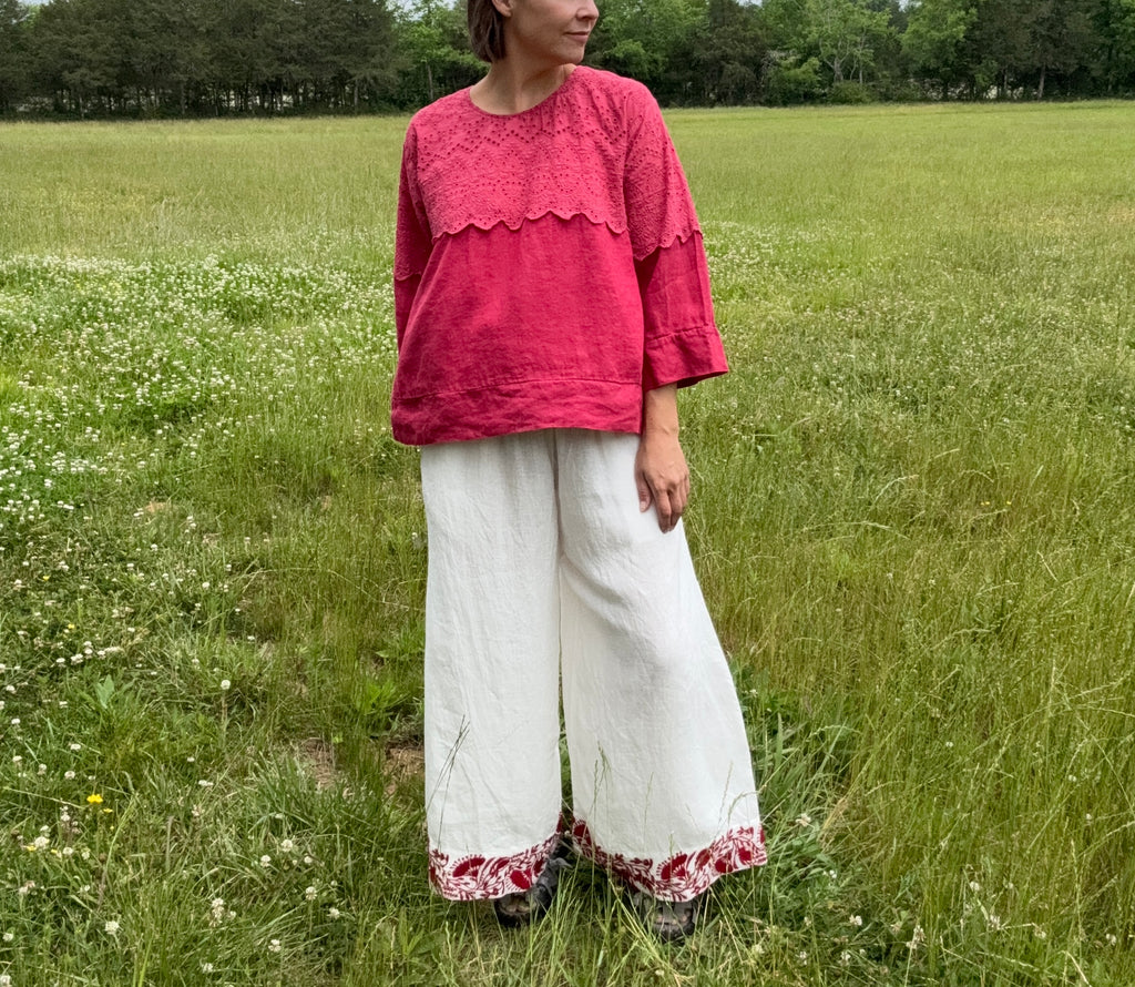 Krista Larson Agnes Pants in Valentine Embroidered Edge Linen