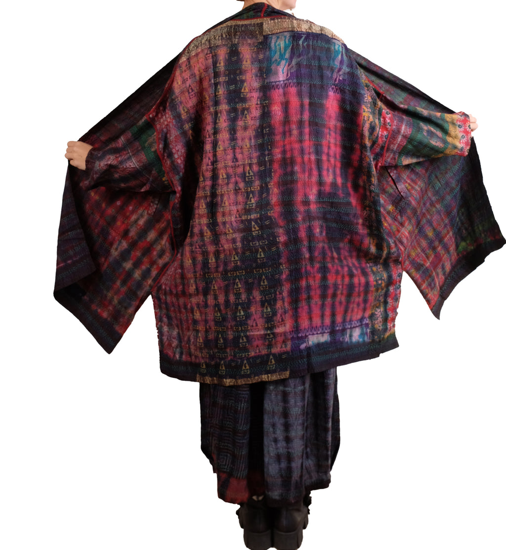 Mieko Mintz Tie Dye Vintage Silk Kantha New Kimono Long Wrap in Maroon
