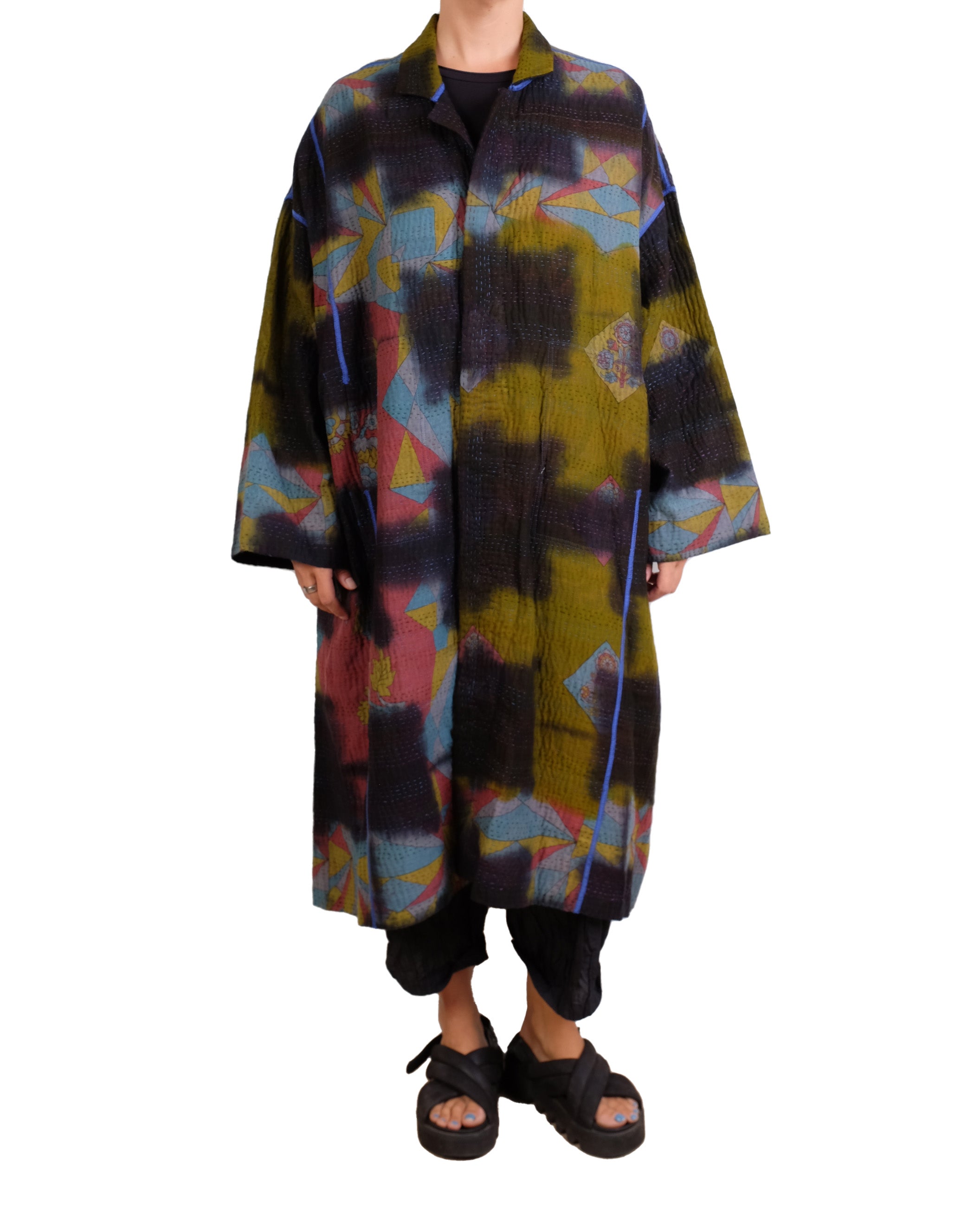Mieko Mintz Vintage Cotton Grey Clamp Tie Dye Kantha New Oversized Coat