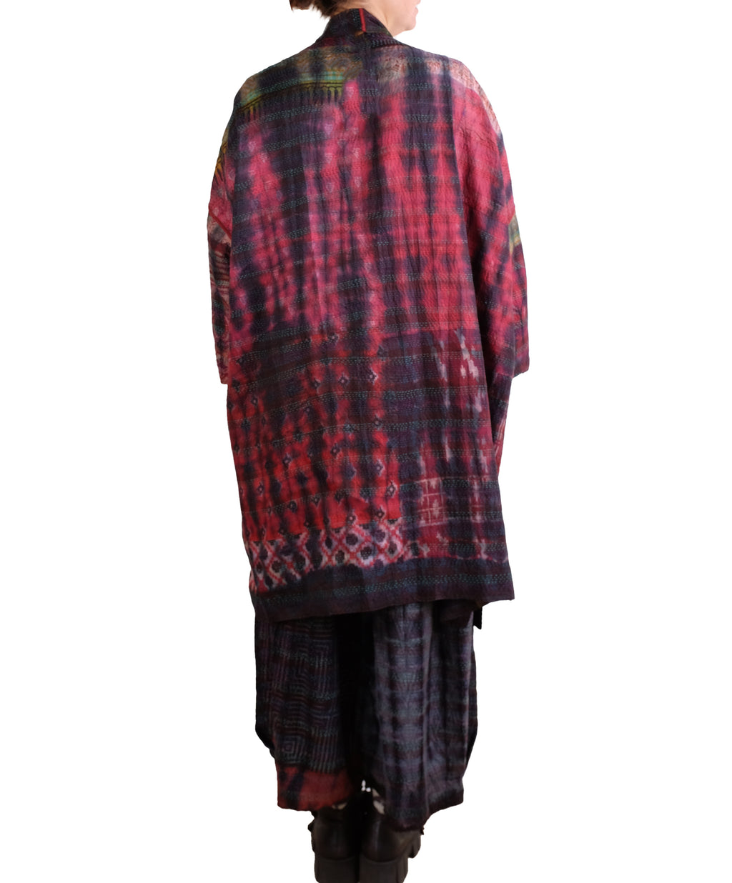 Mieko Mintz Tie Dye Vintage Silk Kantha New Kimono Long Wrap in Maroon