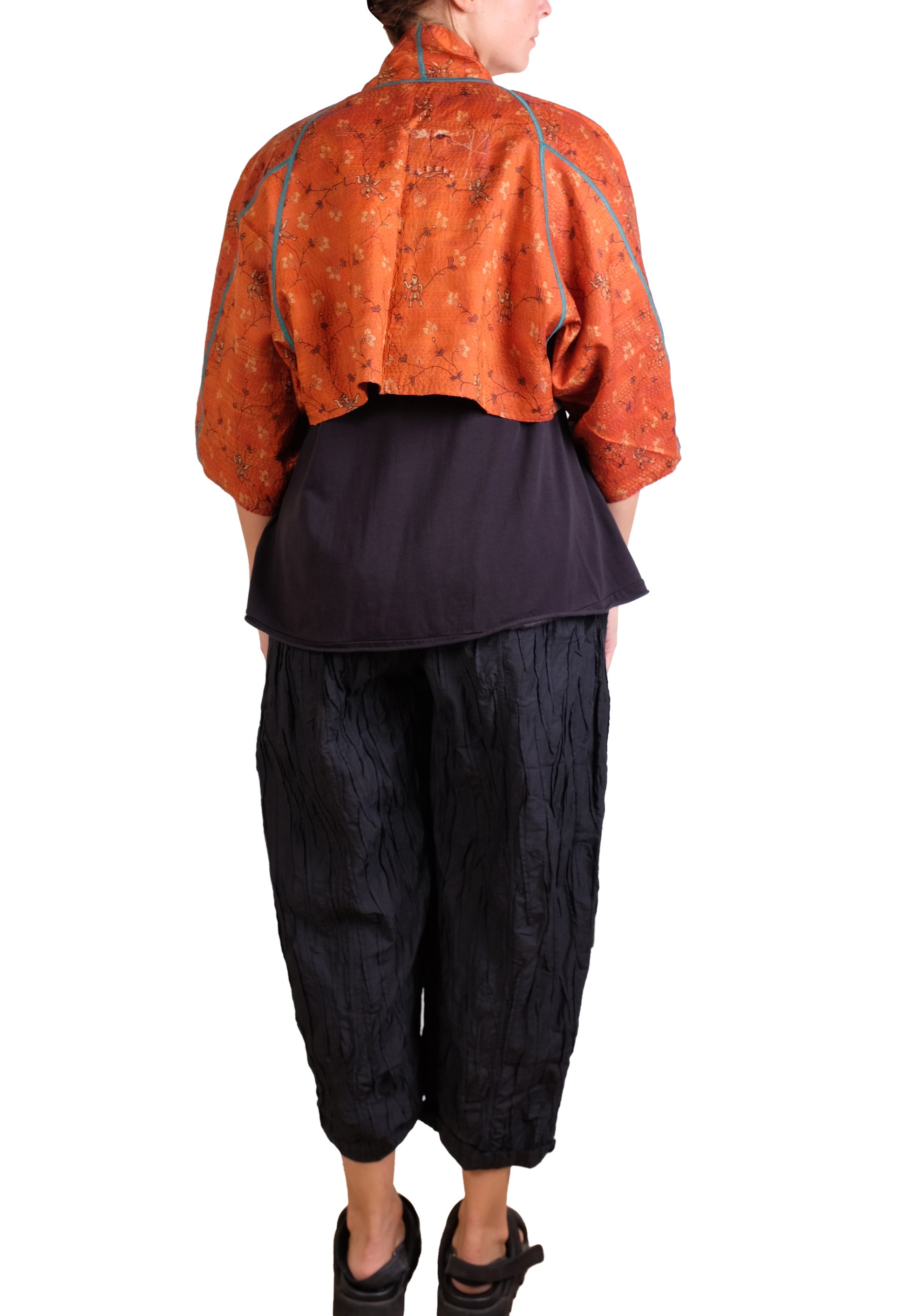 Mieko Mintz Vintage Silk Kantha Puff Sleeve Shrug in Oranges