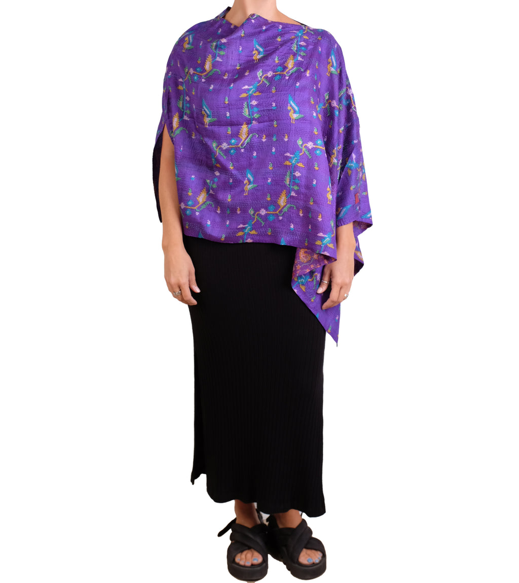 Mieko Mintz Vintage Silk Kantha Long Cape in Purples