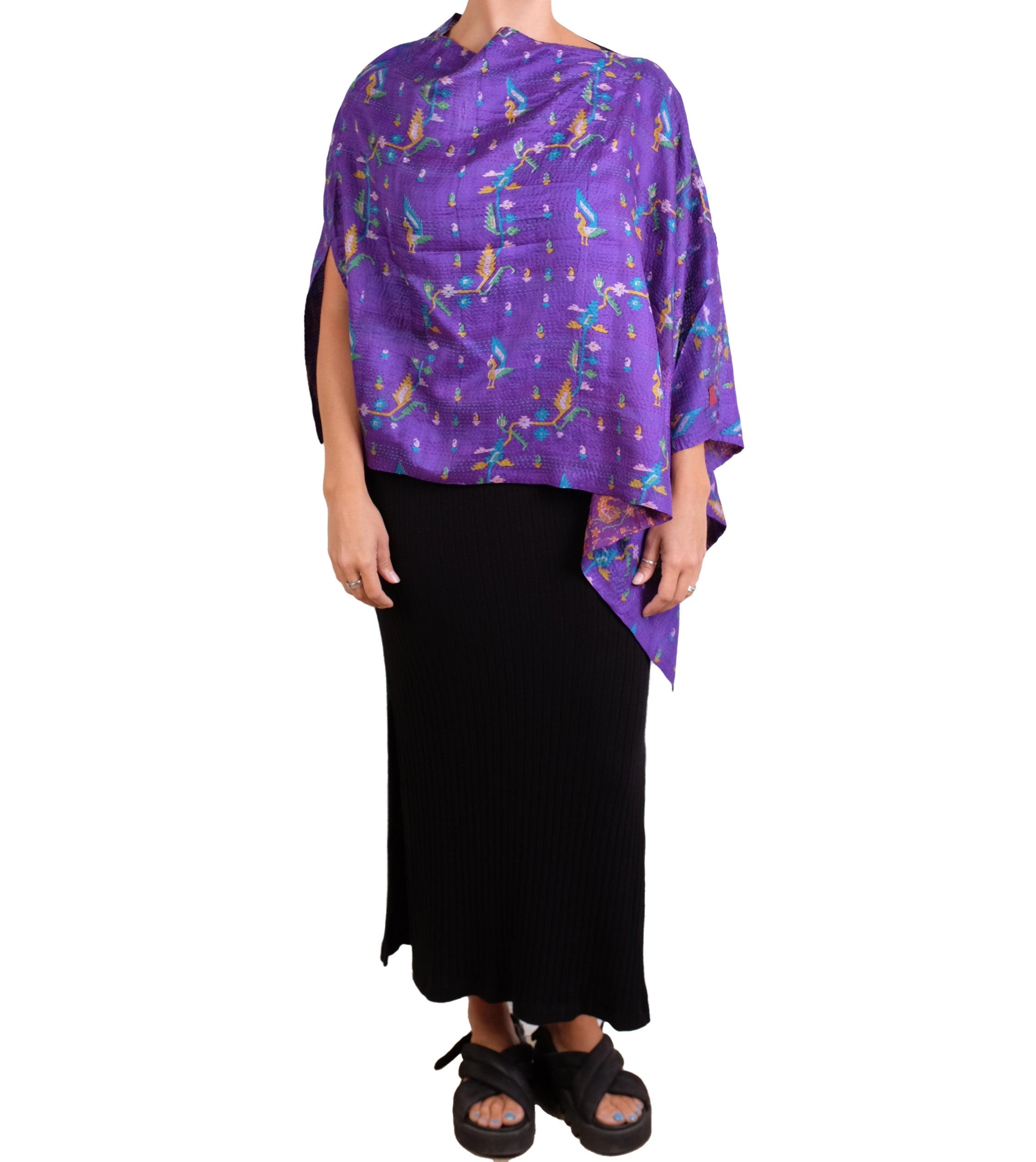 Mieko Mintz Vintage Silk Kantha Long Cape in Purples