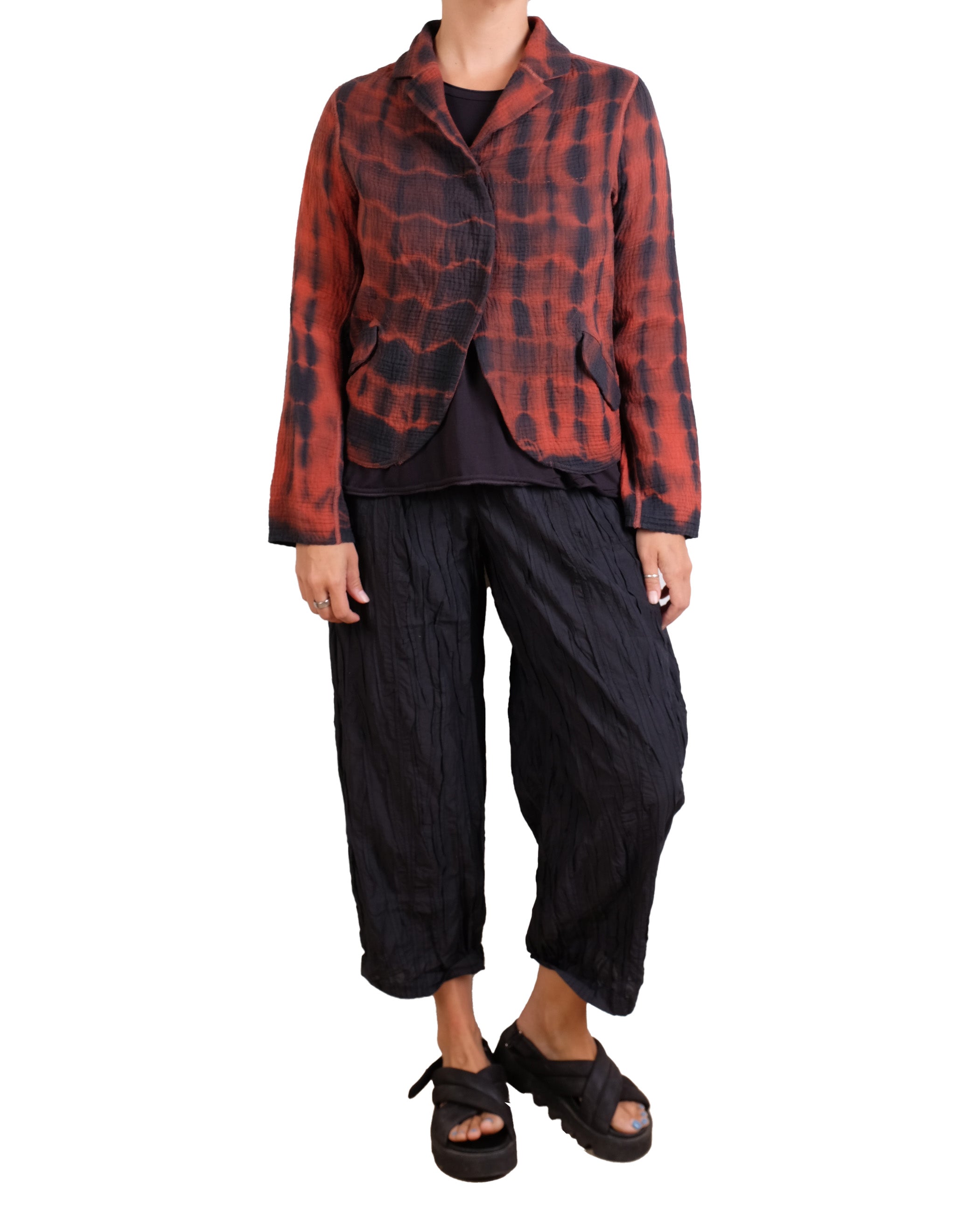 Mieko Mintz Shibori Tie Dye Kantha Cropped Basic Jacket in Burnt Orange