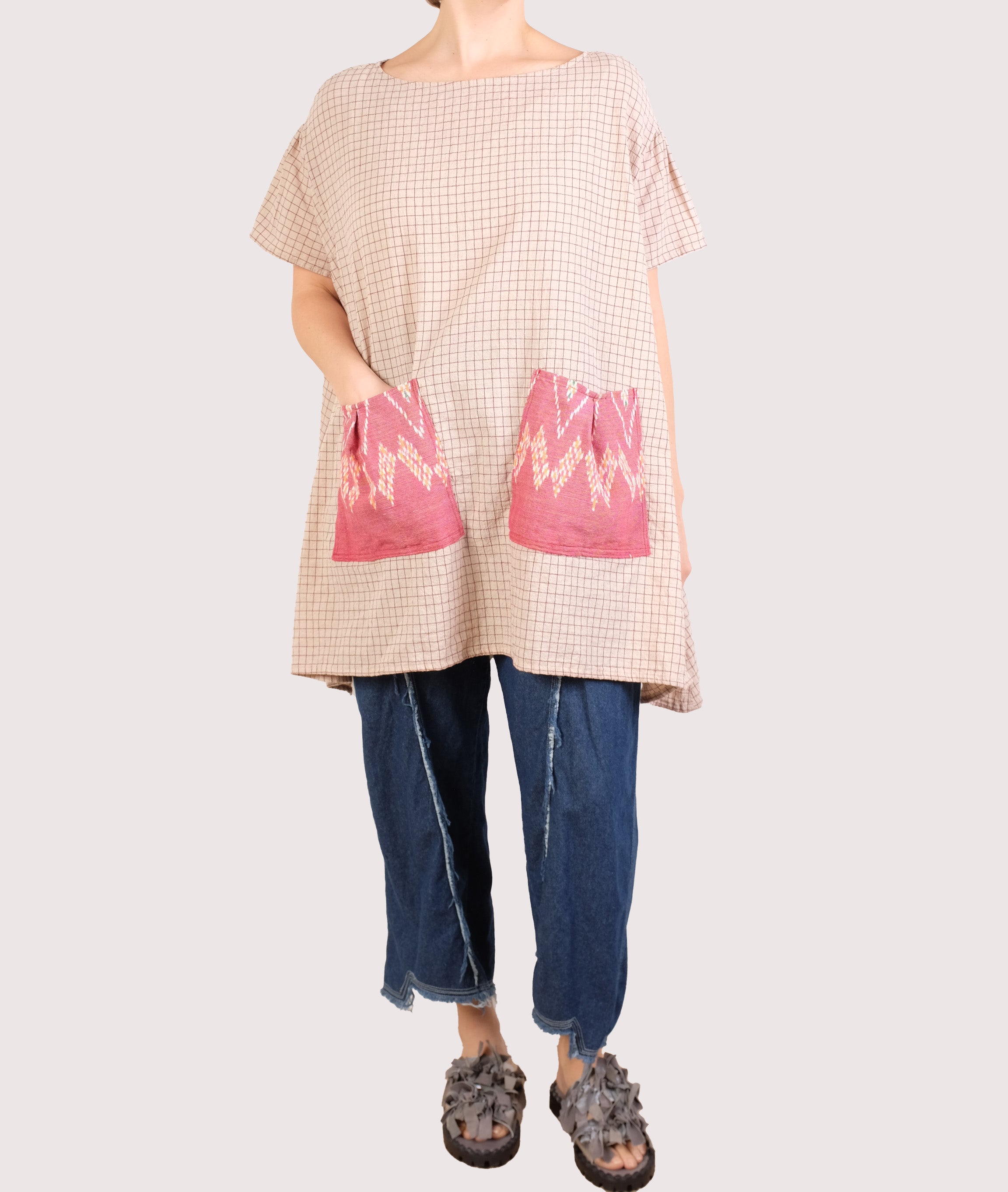 KQ Designs Cream/Burgundy Check One Size Tunic