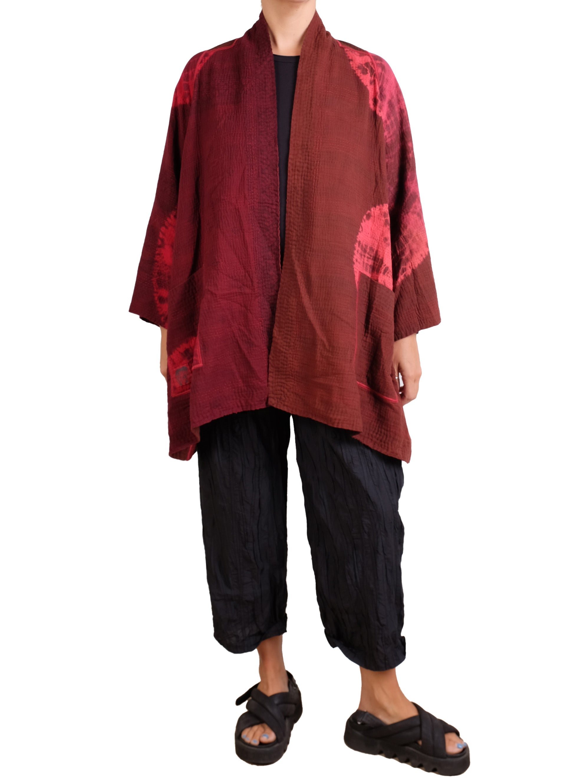 Mieko Mintz Circle Shibori Tie Dye Woven Patch Kantha A-line Jacket