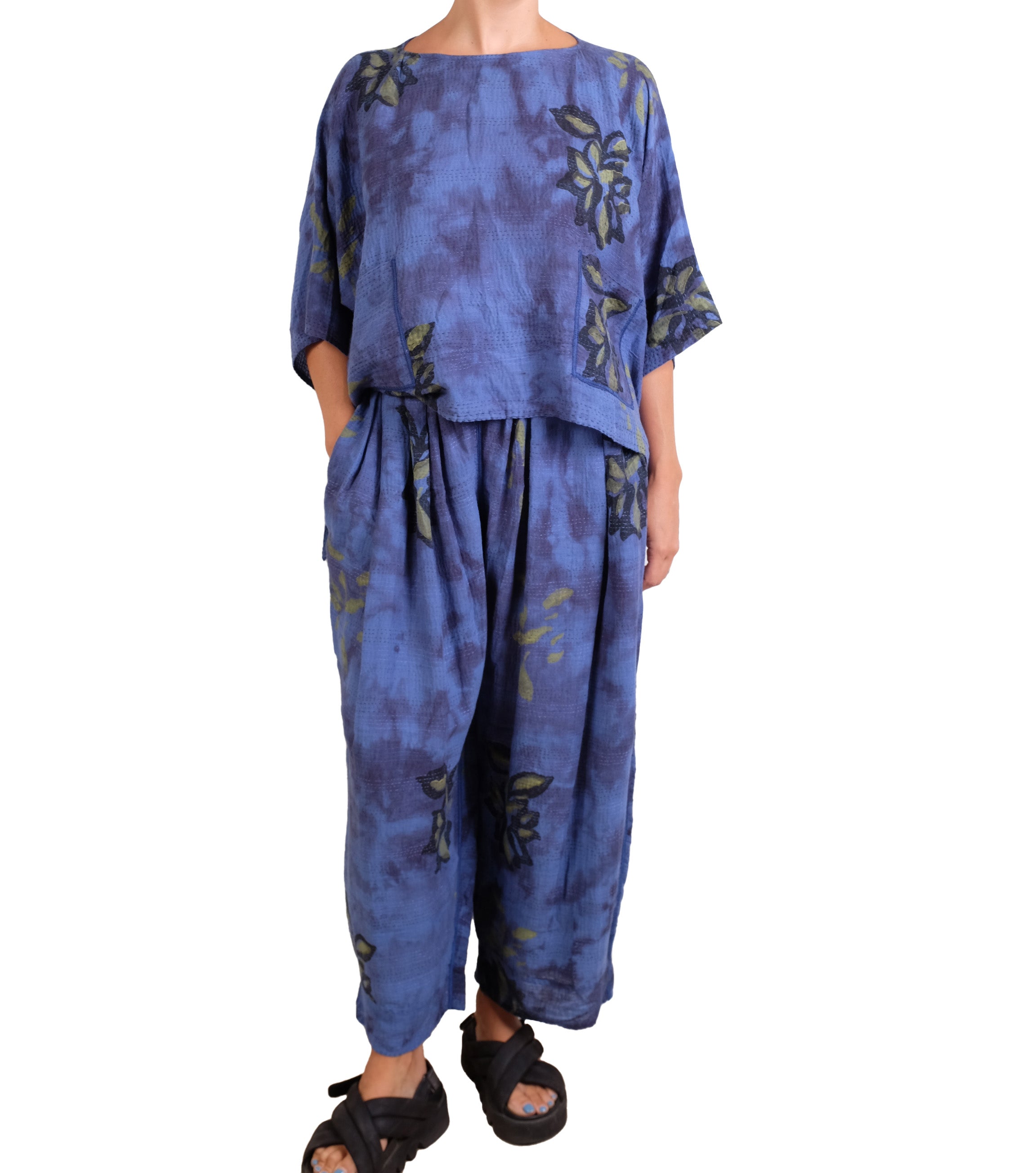 Mieko Mintz Cloud Tie Dye Floral Kantha Tucked Gather Pants