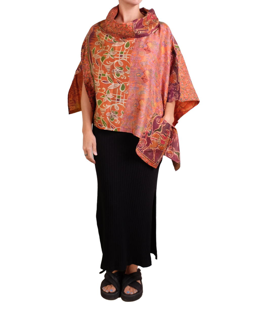 Vintage Silk Kantha Cowl Neck Long Cape in Oranges
