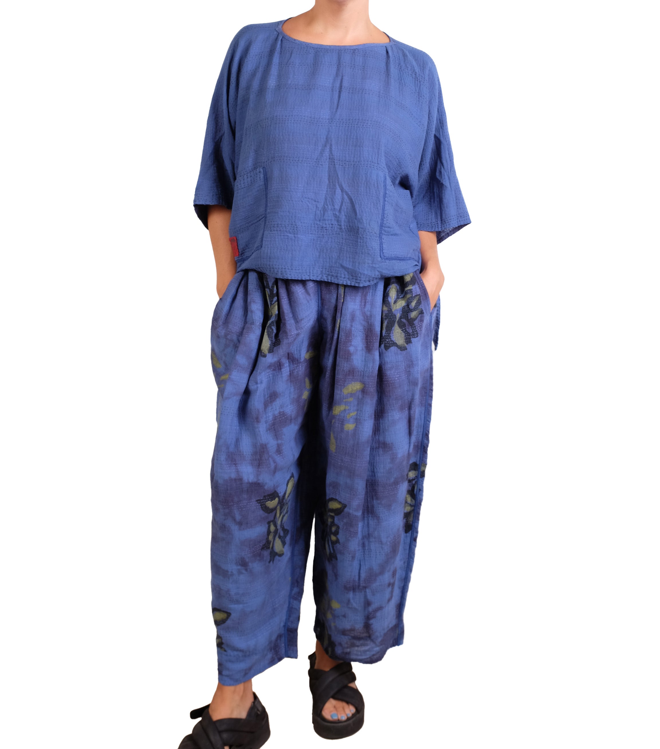 Mieko Mintz Cloud Tie Dye Floral Kantha Tucked Gather Pants