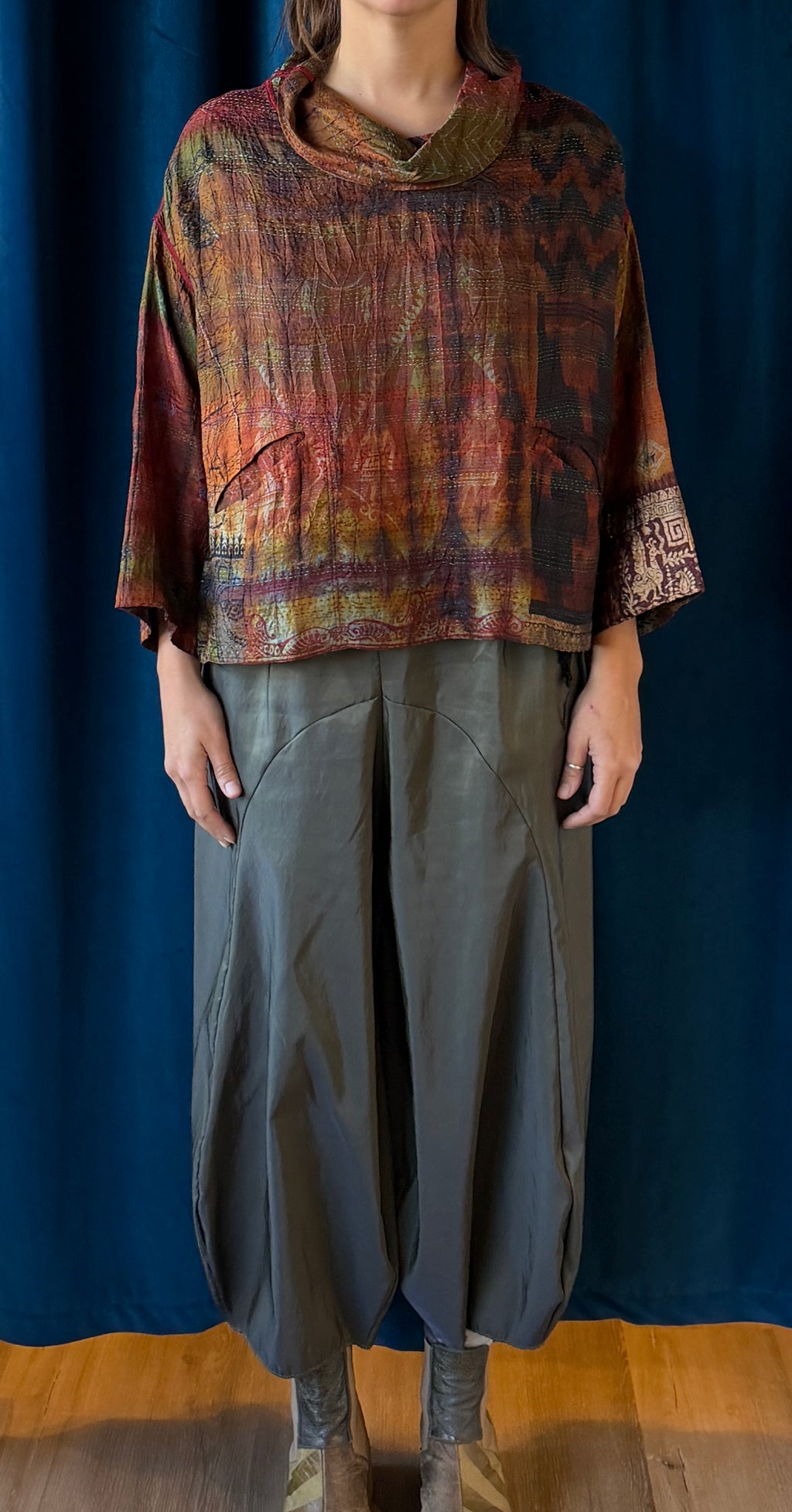 Mieko Mintz Tie Dye Vintage Silk Kantha Cowl Pullover in Brown