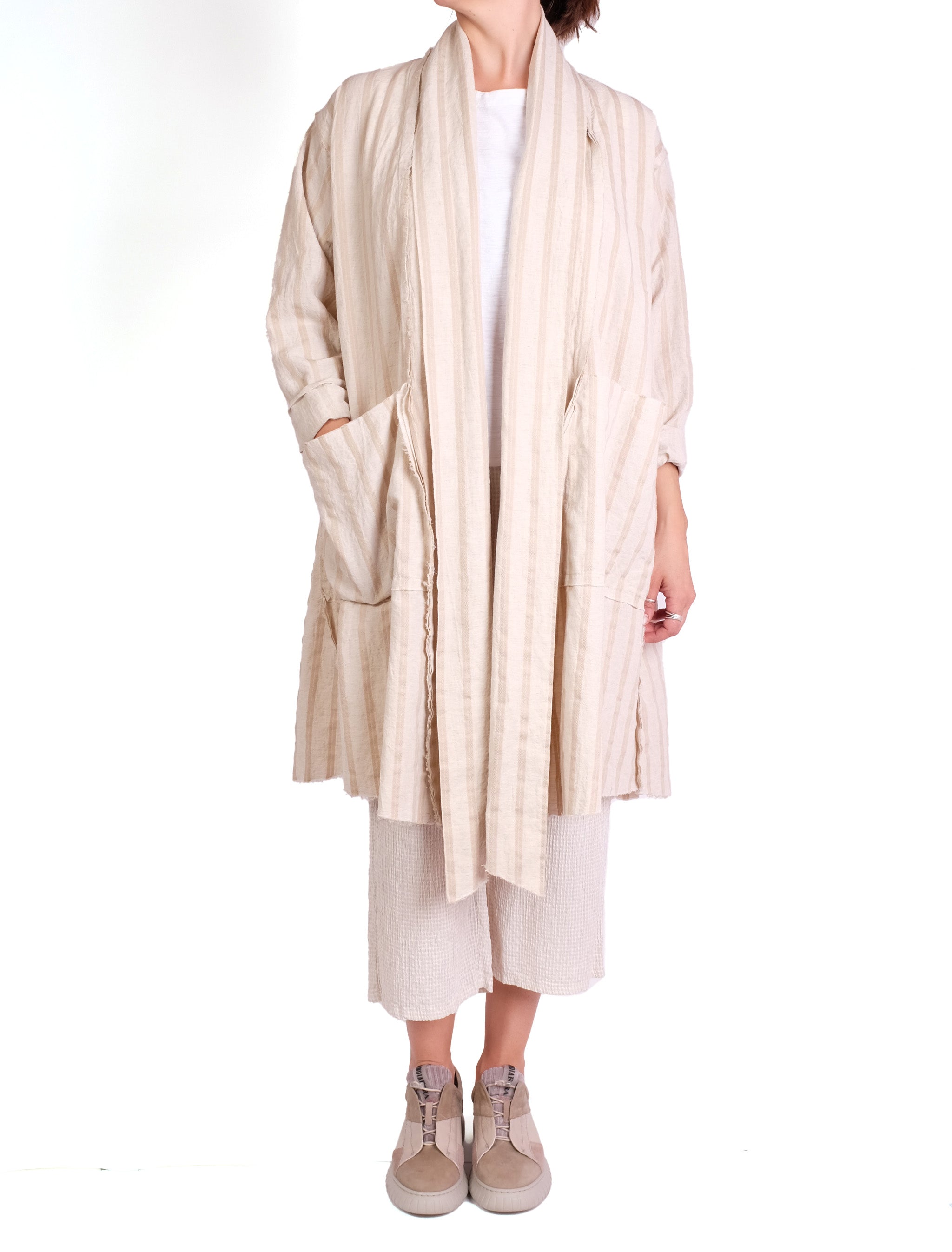 Krista Larson Billowy Coat in Oat Striped Herringbone