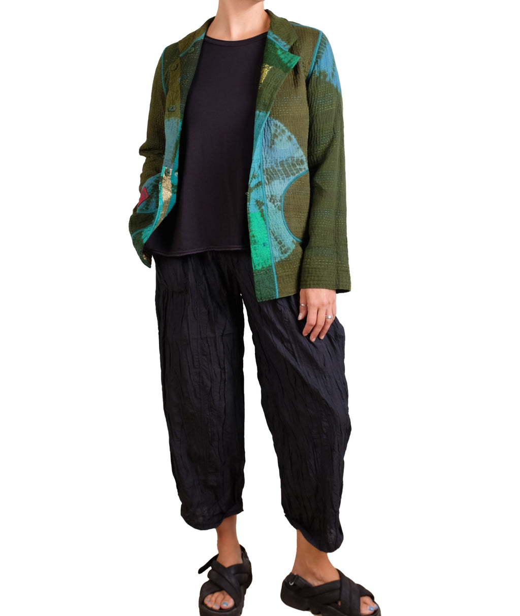 Mieko Mintz Olive Shibori Tie Dye Cotton Silk Patch Kantha Simple Jacket