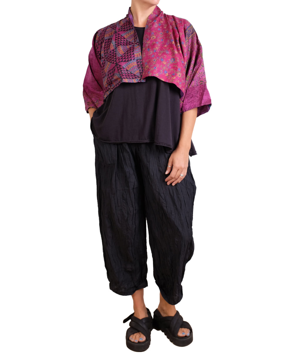 Mieko Mintz Vintage Silk Kantha Puff Sleeve Shrug in Pinks/Purples