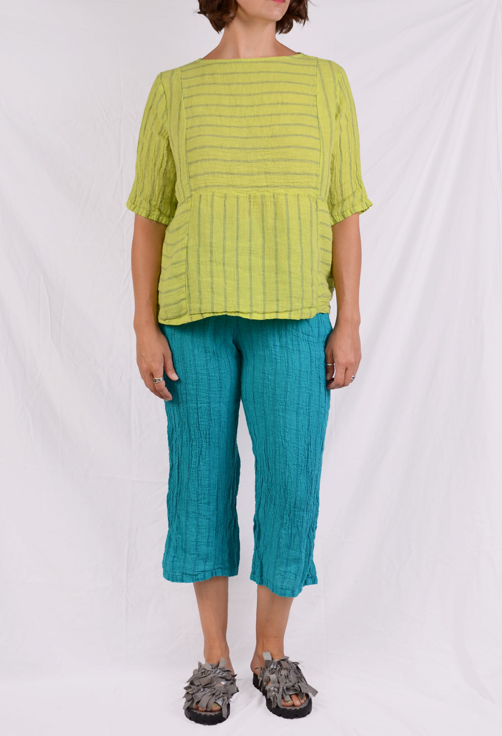 Cutloose Seamed Boxy Top in Lime/Blue Stripe