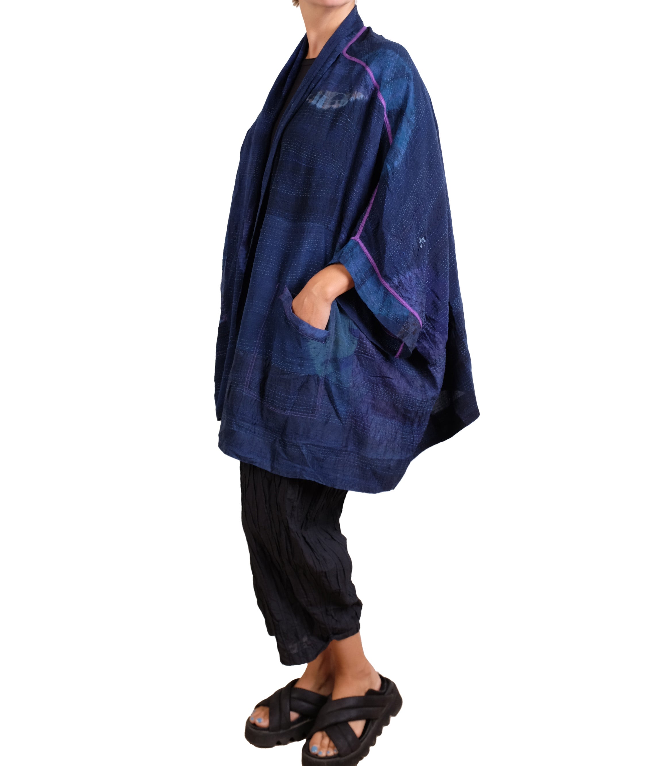 Mieko Mintz Navy Shibori Tie Dye Georgette Vintage Silk Patch Kantha Double Collar Poncho