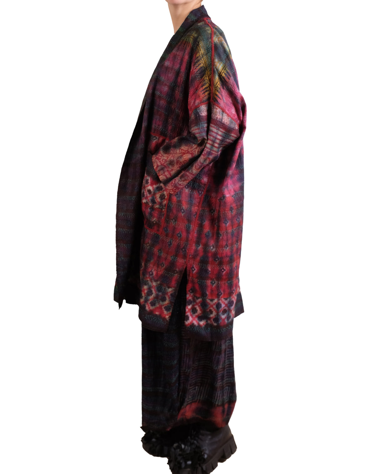 Mieko Mintz Tie Dye Vintage Silk Kantha New Kimono Long Wrap in Maroon