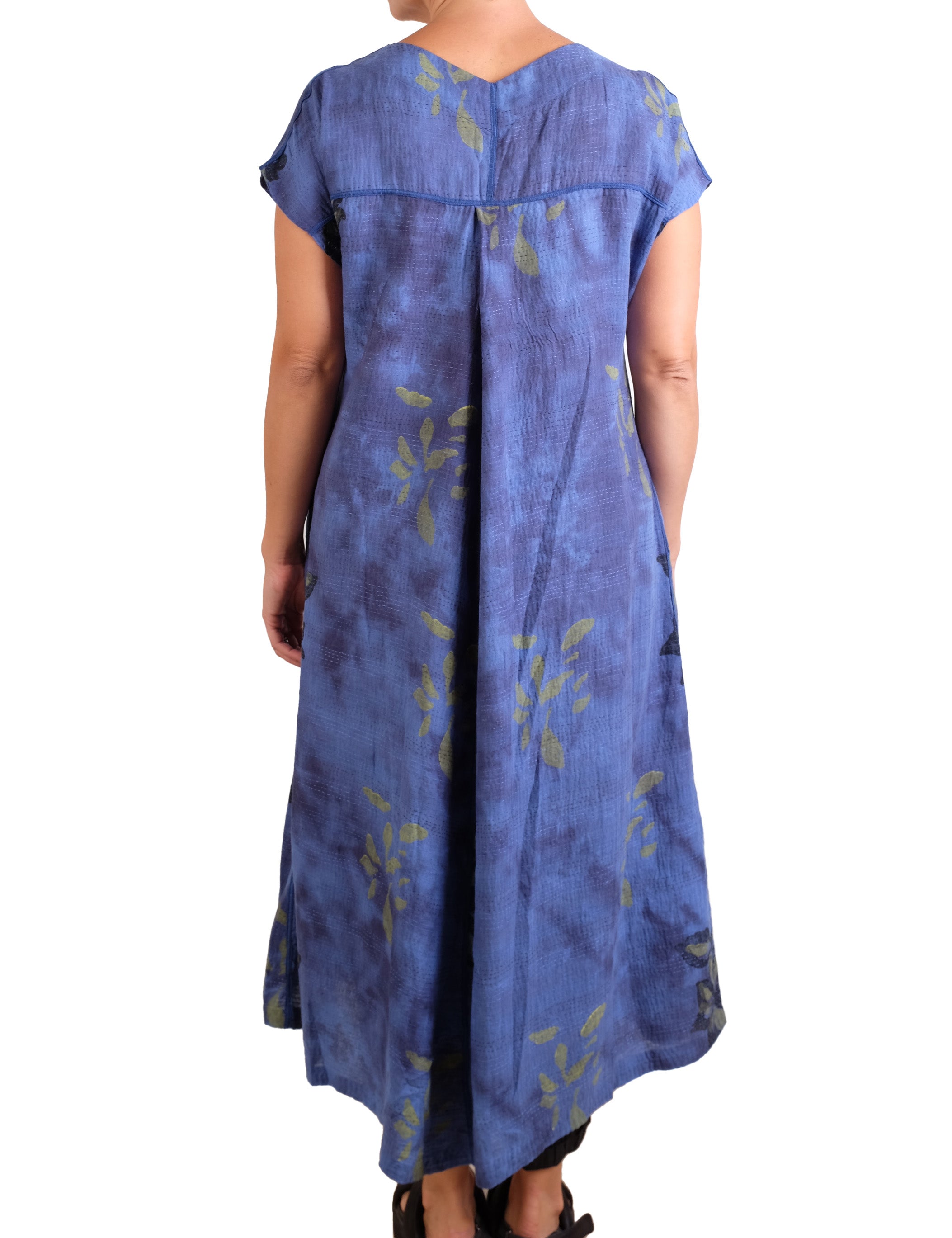 Mieko Mintz Cloud Tie Dye Floral Kantha V-neck French Sleeve Dress in Blue