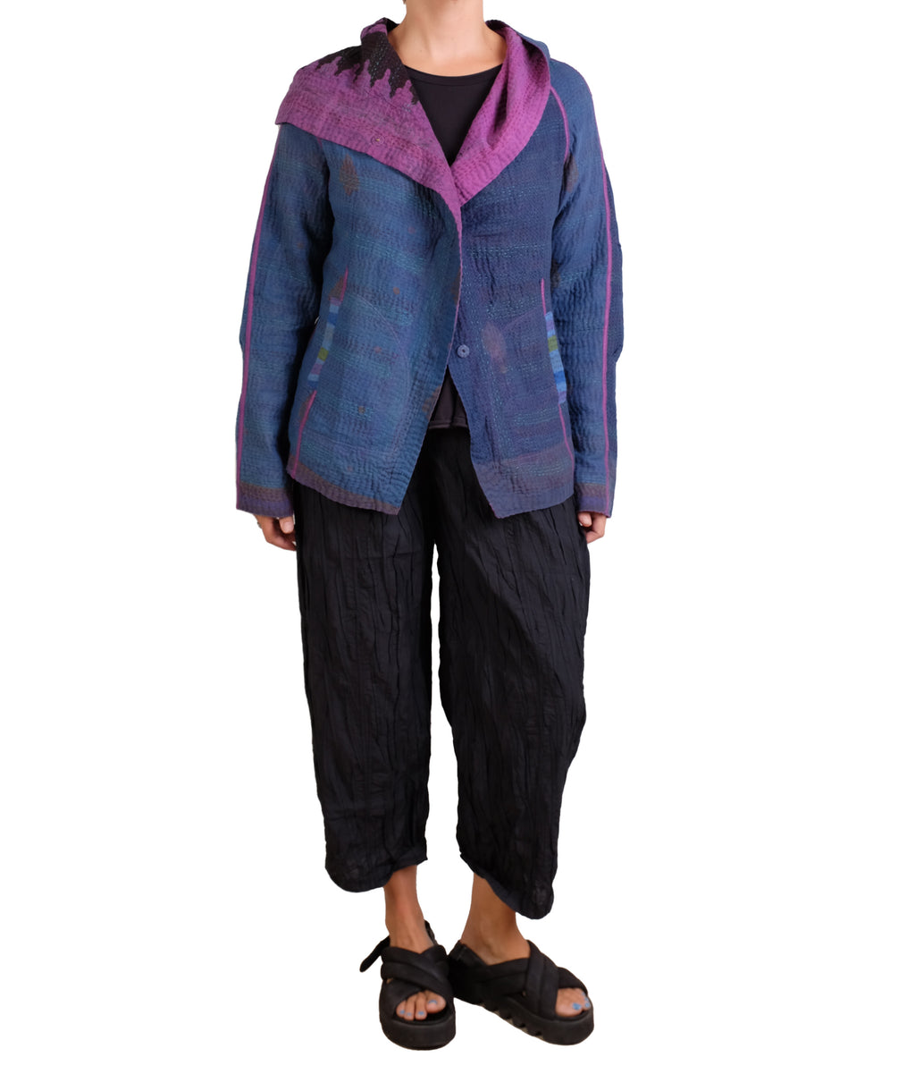 Mieko Mintz Navy & Purple Cotton Overdye Kantha Hoodie Jacket