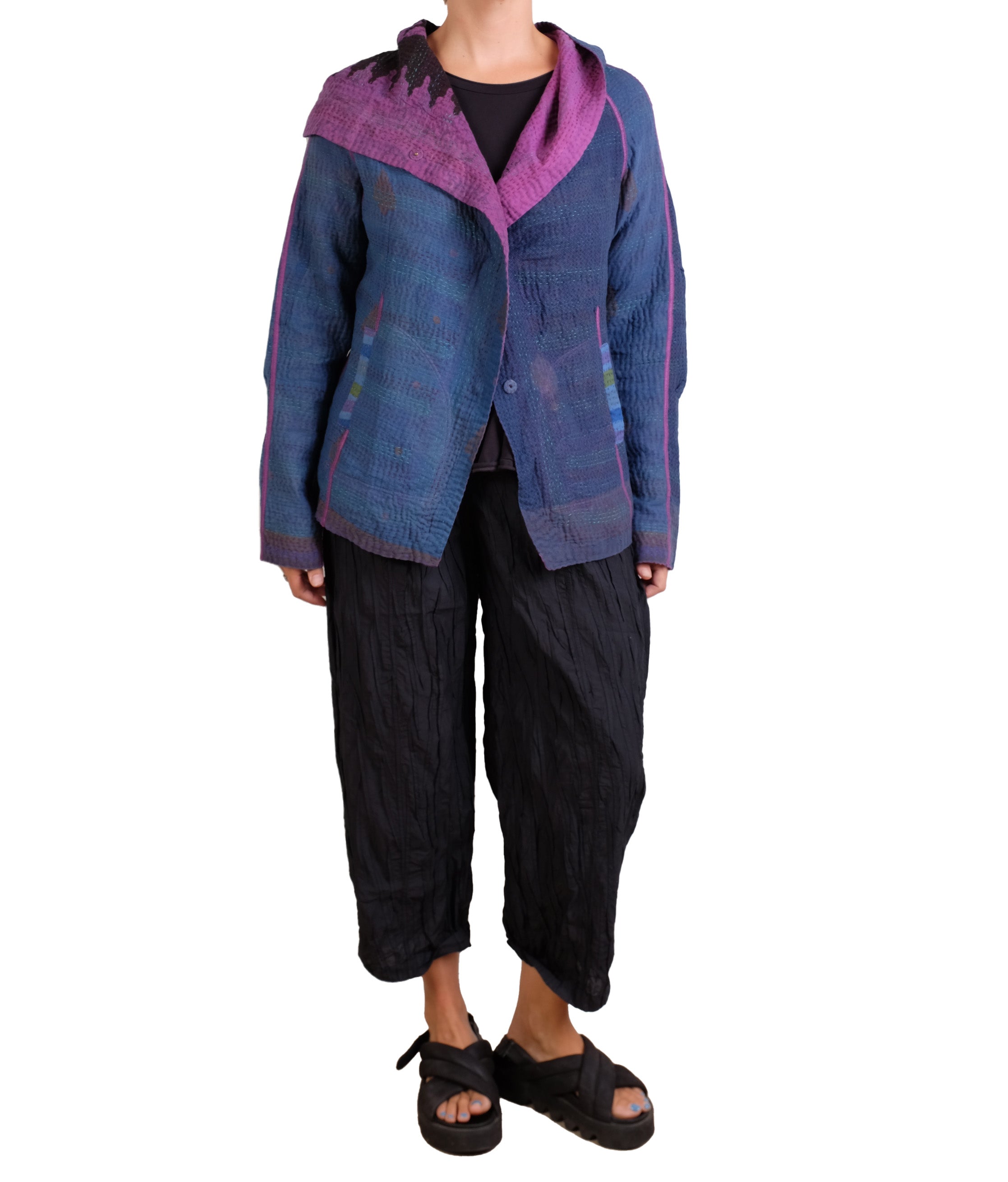 Mieko Mintz Navy & Purple Cotton Overdye Kantha Hoodie Jacket