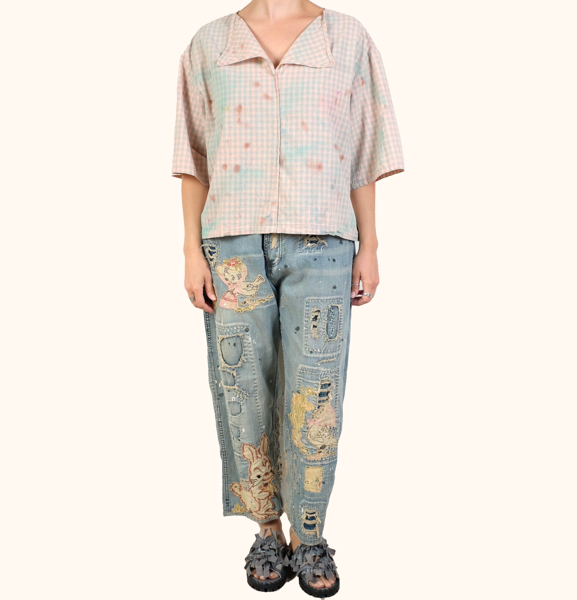 KQ One Size Peach Over Dyed Gingham Top