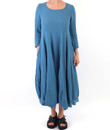  Grizas Blue Linen 3/4 Sleeve Dress