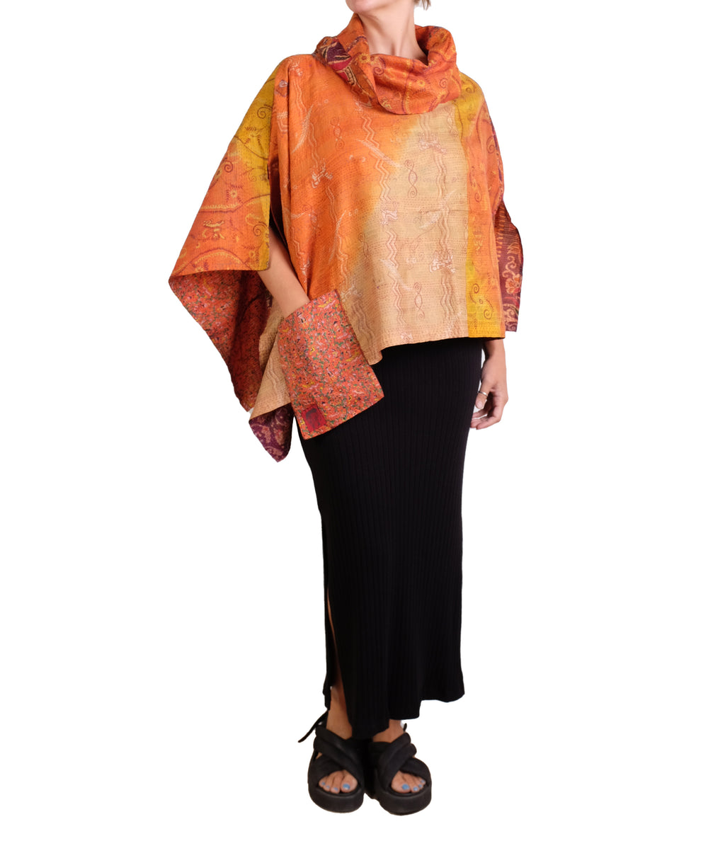 Vintage Silk Kantha Cowl Neck Long Cape in Oranges