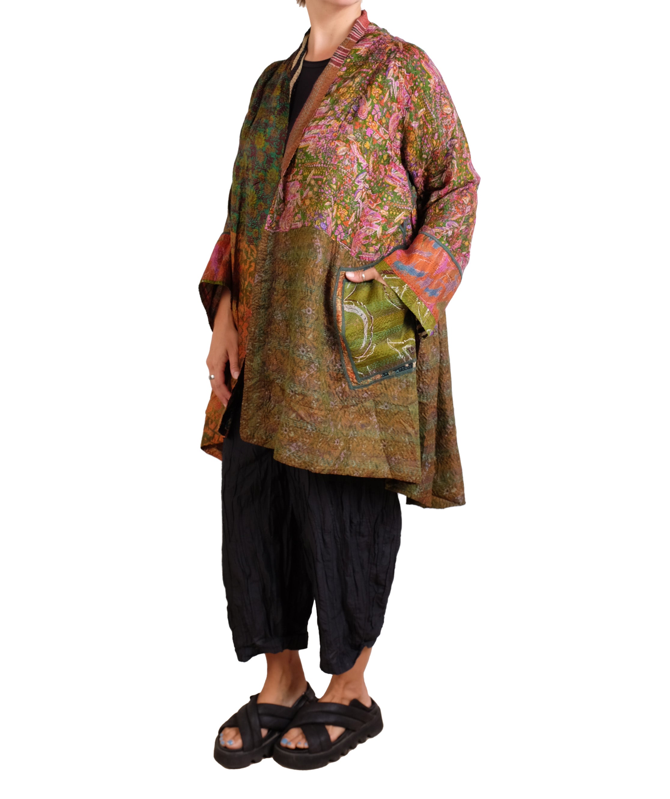 Mieko Mintz Vintage Silk Kantha Kimono Long Jacket