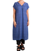 Mieko Mintz Cloud Tie Dye Floral Kantha V-neck French Sleeve Dress in Blue
