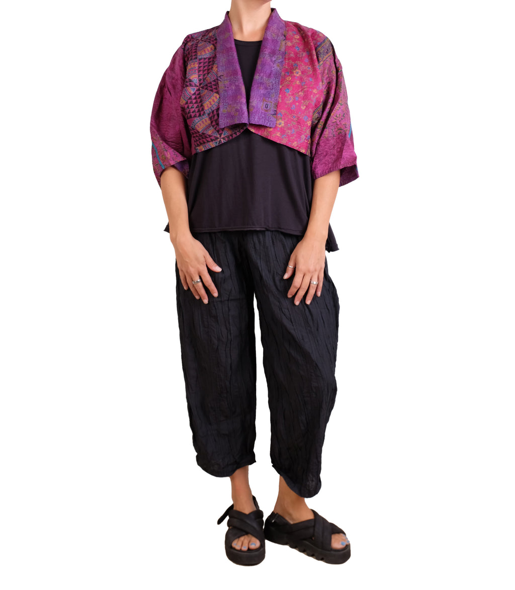 Mieko Mintz Vintage Silk Kantha Puff Sleeve Shrug in Pinks/Purples