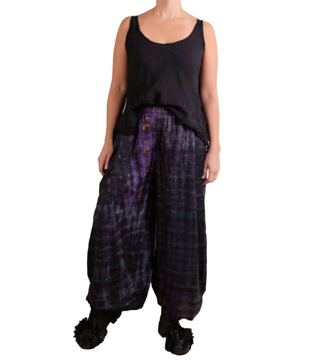 Mieko Mintz Tie Dye Vintage Silk Kantha Wide Leg Lantern Pant in Maroon