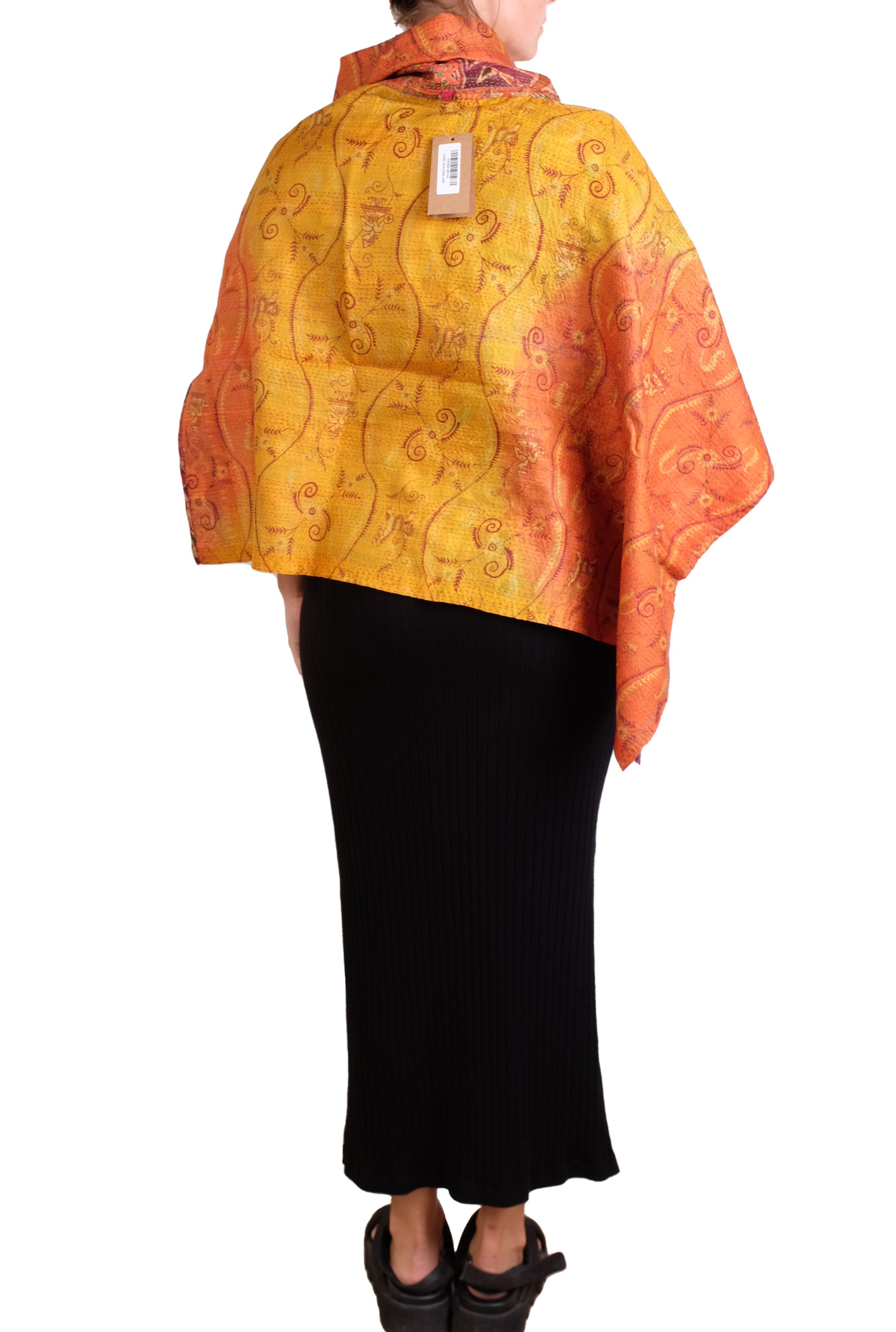 Vintage Silk Kantha Cowl Neck Long Cape in Oranges