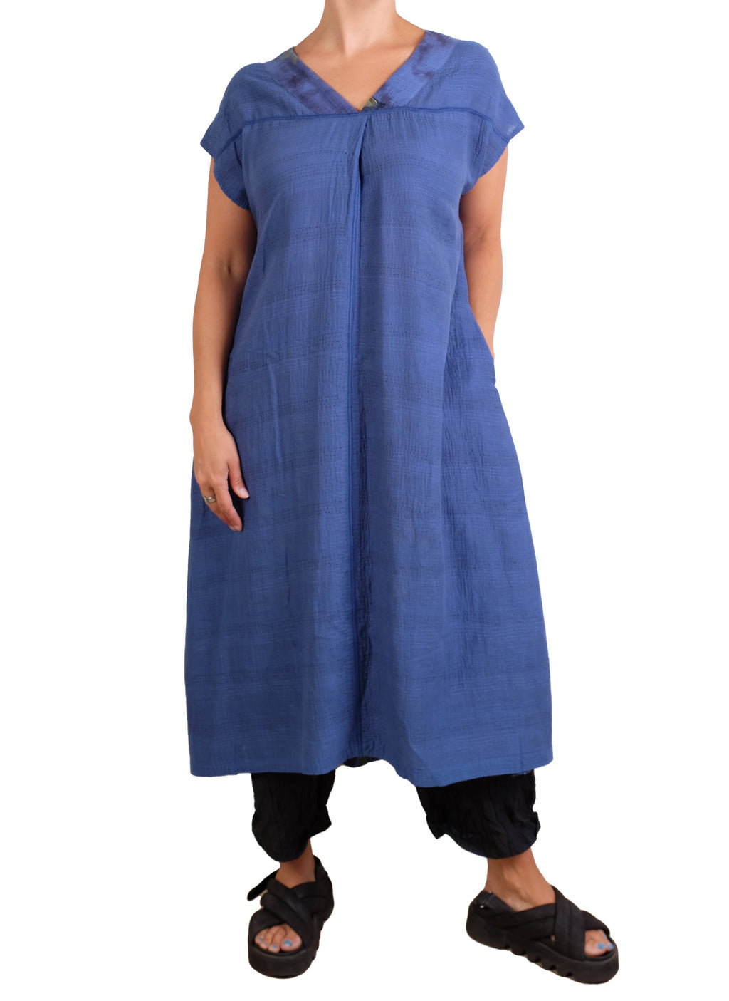 Mieko Mintz Cloud Tie Dye Floral Kantha V-neck French Sleeve Dress in Blue
